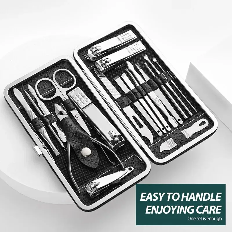 18 Piece Home Nail Clipper Set with Dead Skin Pliers Diagonal Clipper and Leather Sleeve