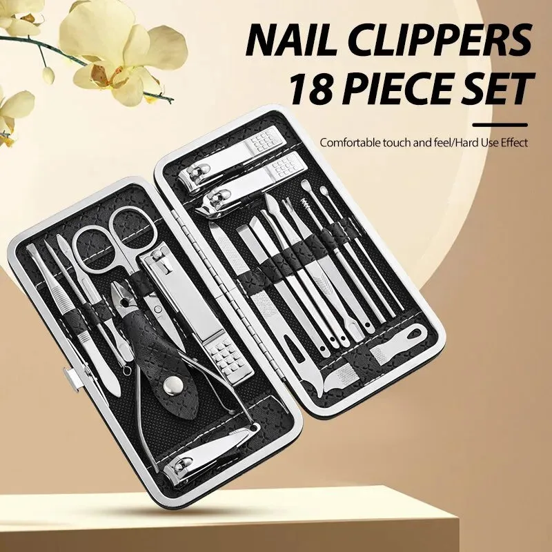 18 Piece Home Nail Clipper Set with Dead Skin Pliers Diagonal Clipper and Leather Sleeve
