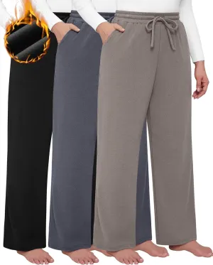 3 Pack Women's Plus Size Pants Fleece Lined Wide Leg Sweatpants with Pocket High Waist Drawstring Yoga Lounge Pants