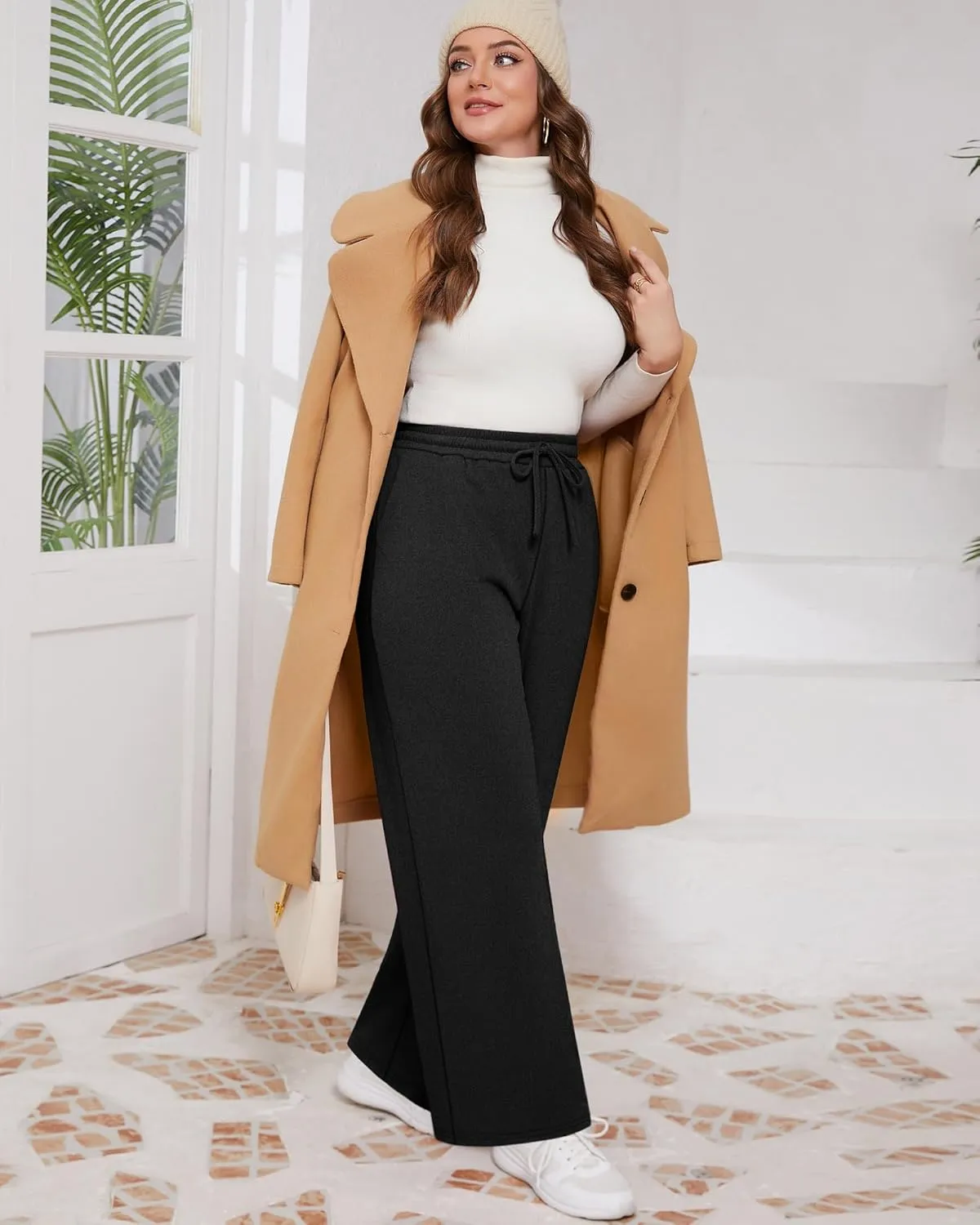 3 Pack Women's Plus Size Pants Fleece Lined Wide Leg Sweatpants with Pocket High Waist Drawstring Yoga Lounge Pants