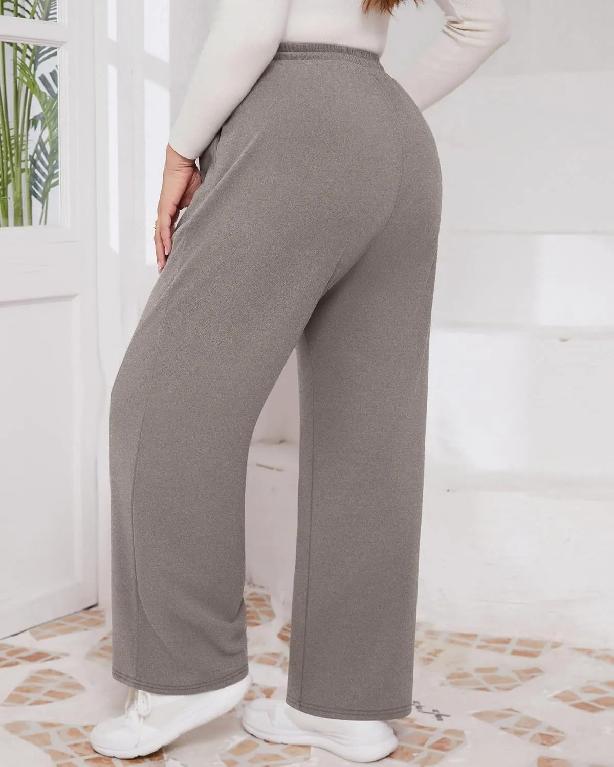 3 Pack Women's Plus Size Pants Fleece Lined Wide Leg Sweatpants with Pocket High Waist Drawstring Yoga Lounge Pants
