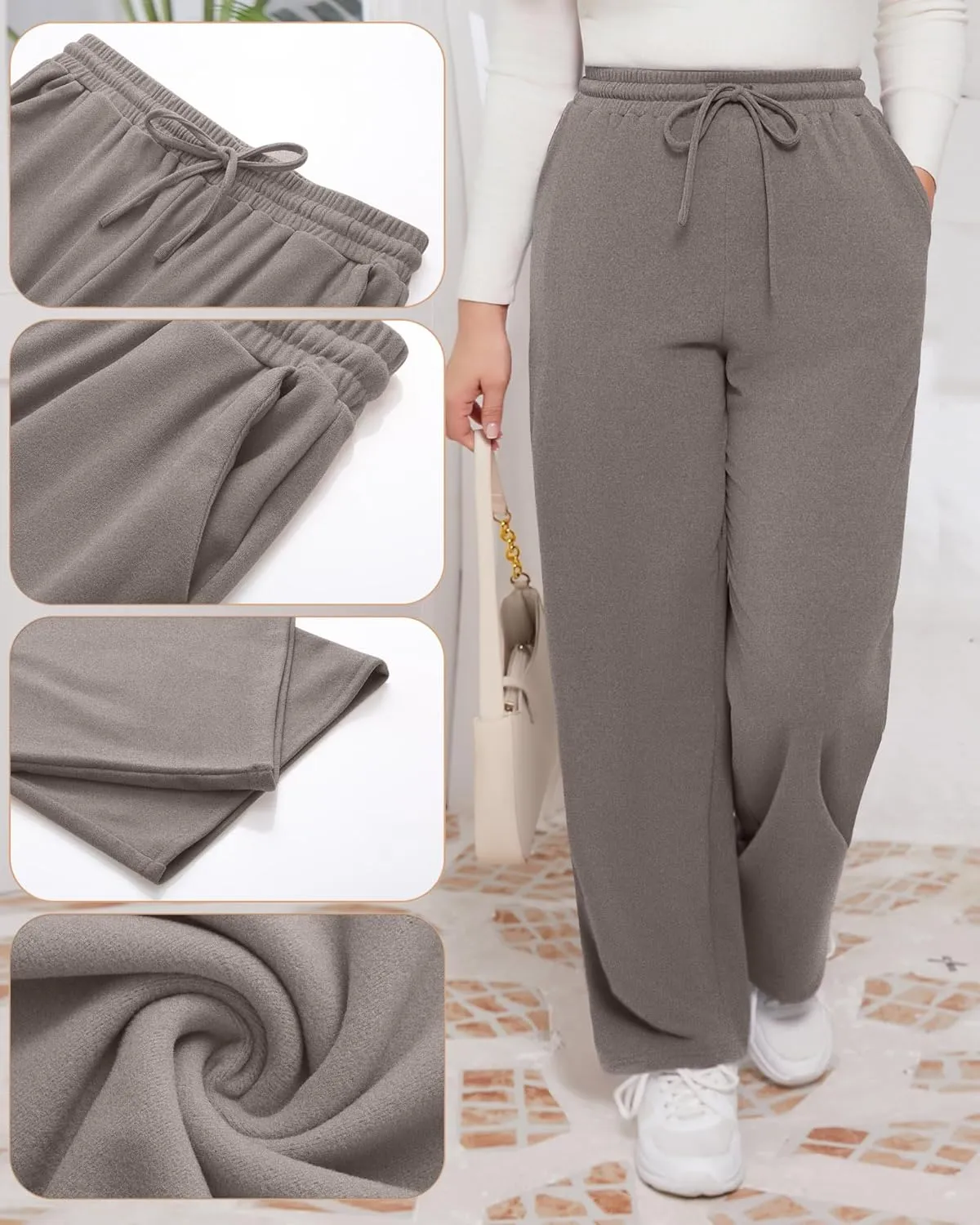 3 Pack Women's Plus Size Pants Fleece Lined Wide Leg Sweatpants with Pocket High Waist Drawstring Yoga Lounge Pants