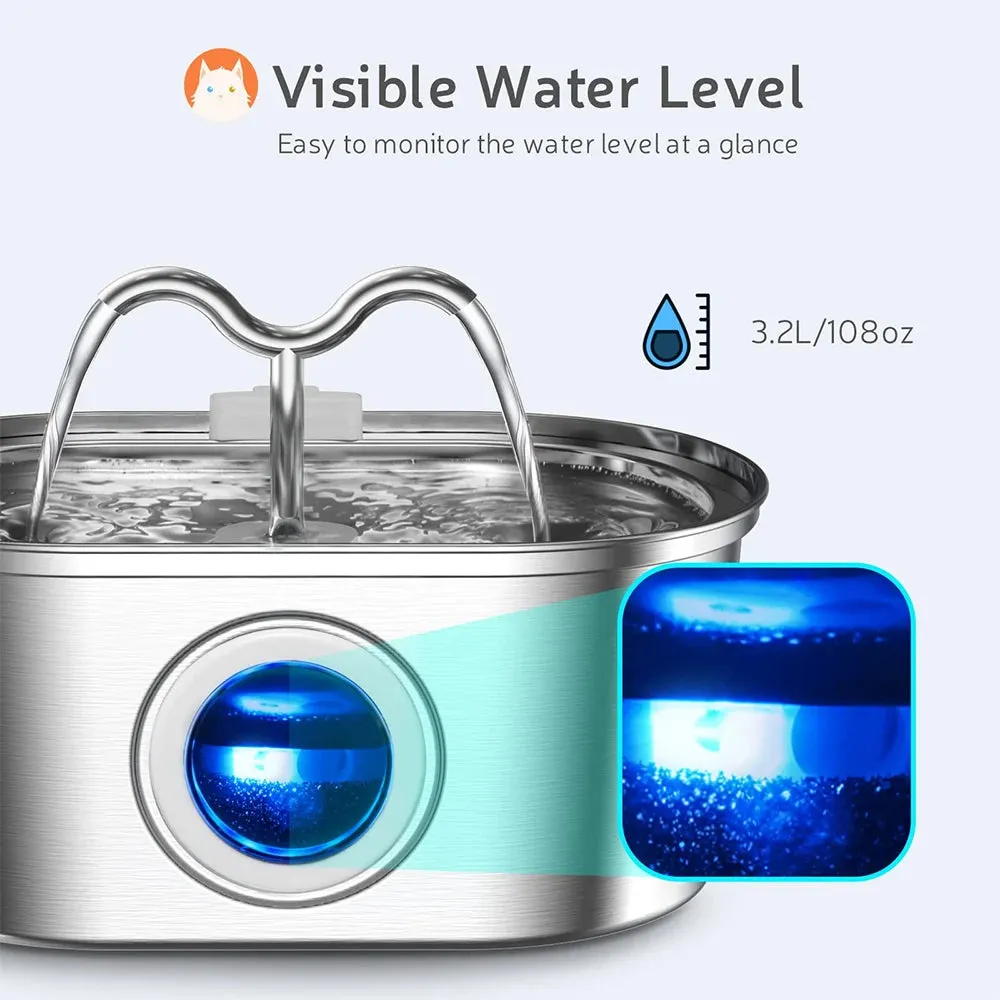 3.2L Stainless Steel Cat Water Fountain - LED Light & Silent Pump