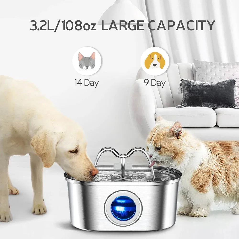 3.2L Stainless Steel Cat Water Fountain - LED Light & Silent Pump