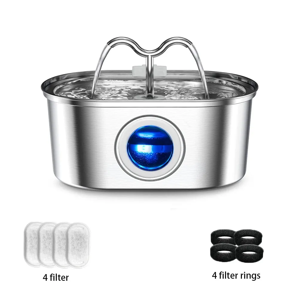 3.2L Stainless Steel Cat Water Fountain - LED Light & Silent Pump