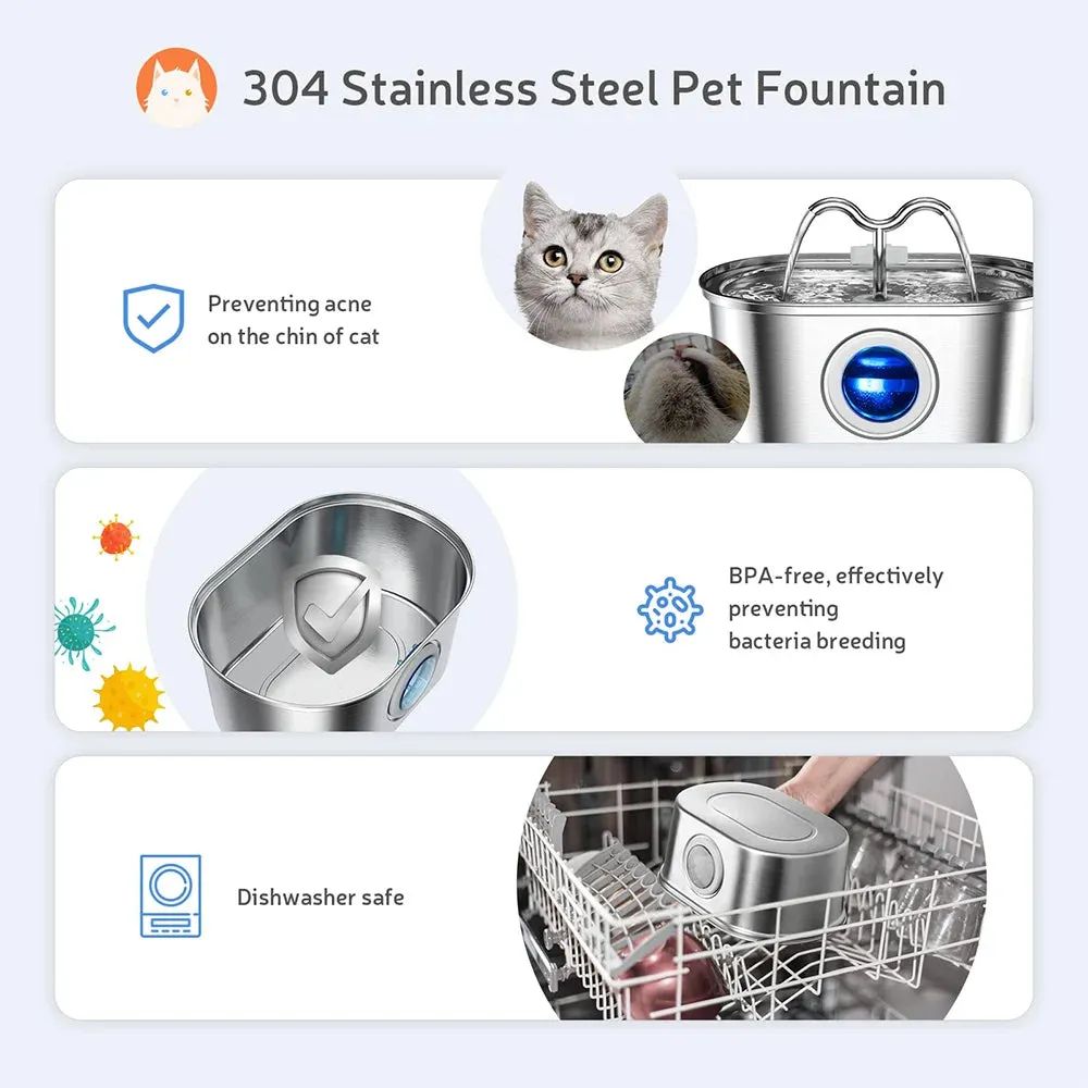 3.2L Stainless Steel Cat Water Fountain - LED Light & Silent Pump