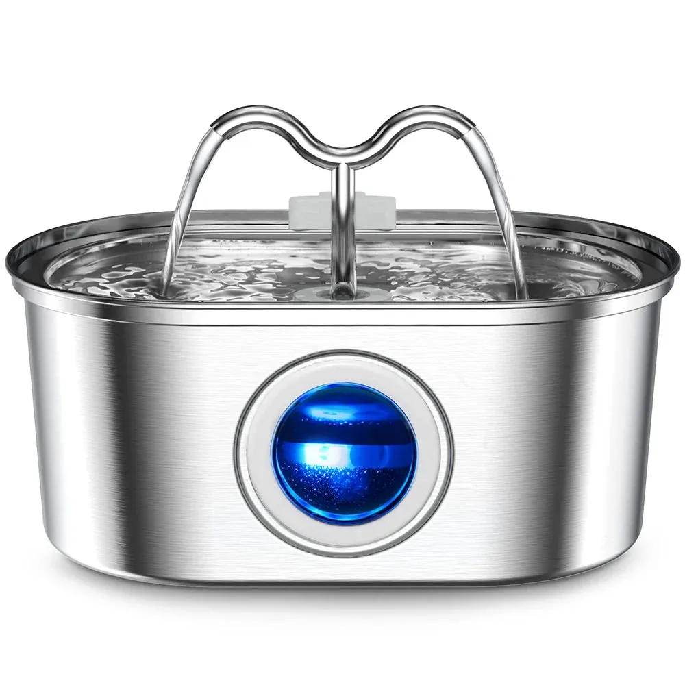 3.2L Stainless Steel Cat Water Fountain - LED Light & Silent Pump