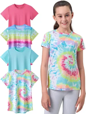 4 Pack: Youth Girls Athletic Shirts, Short Sleeve Dry Fit Apparel Tech Tshirts, Sports Activewear for Kids Teens