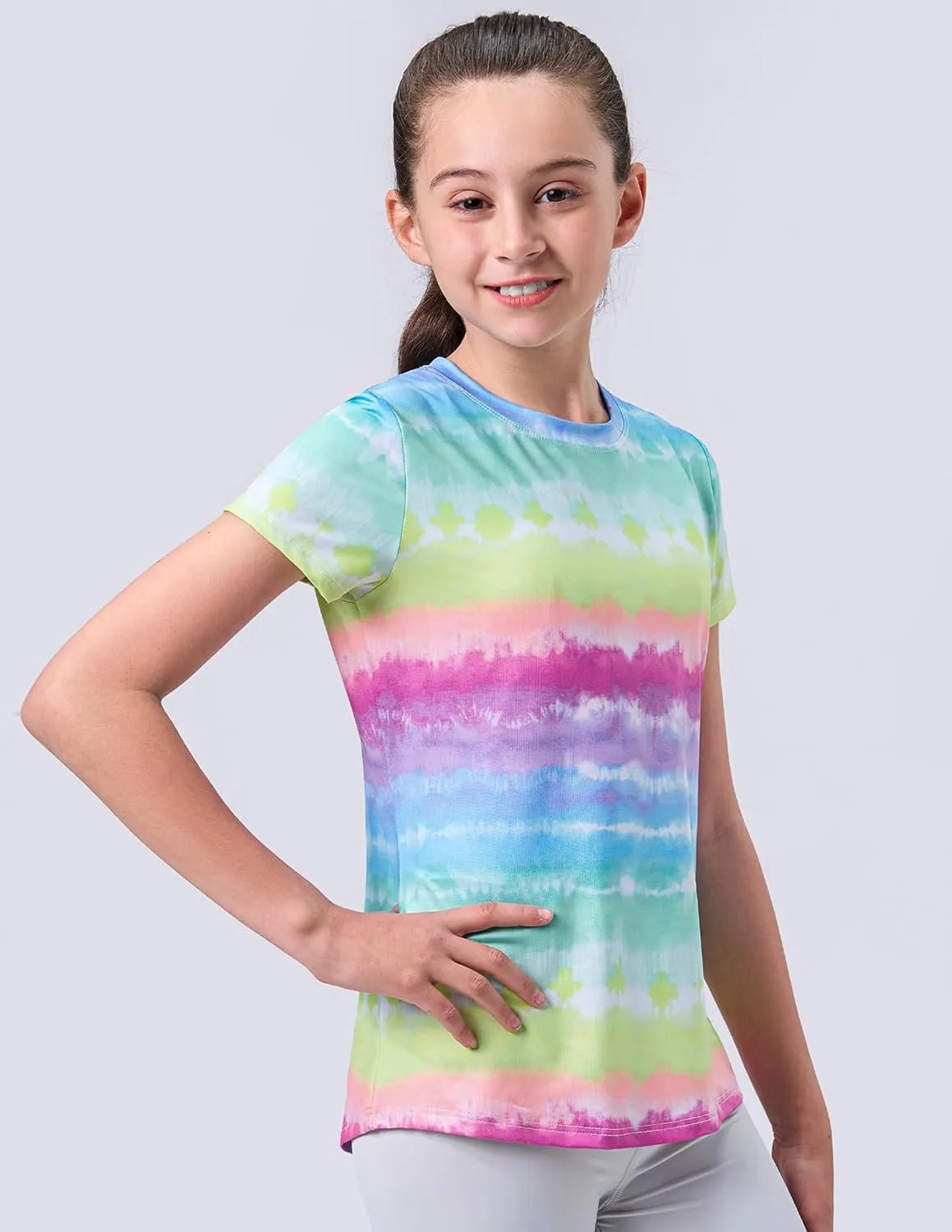 4 Pack: Youth Girls Athletic Shirts, Short Sleeve Dry Fit Apparel Tech Tshirts, Sports Activewear for Kids Teens