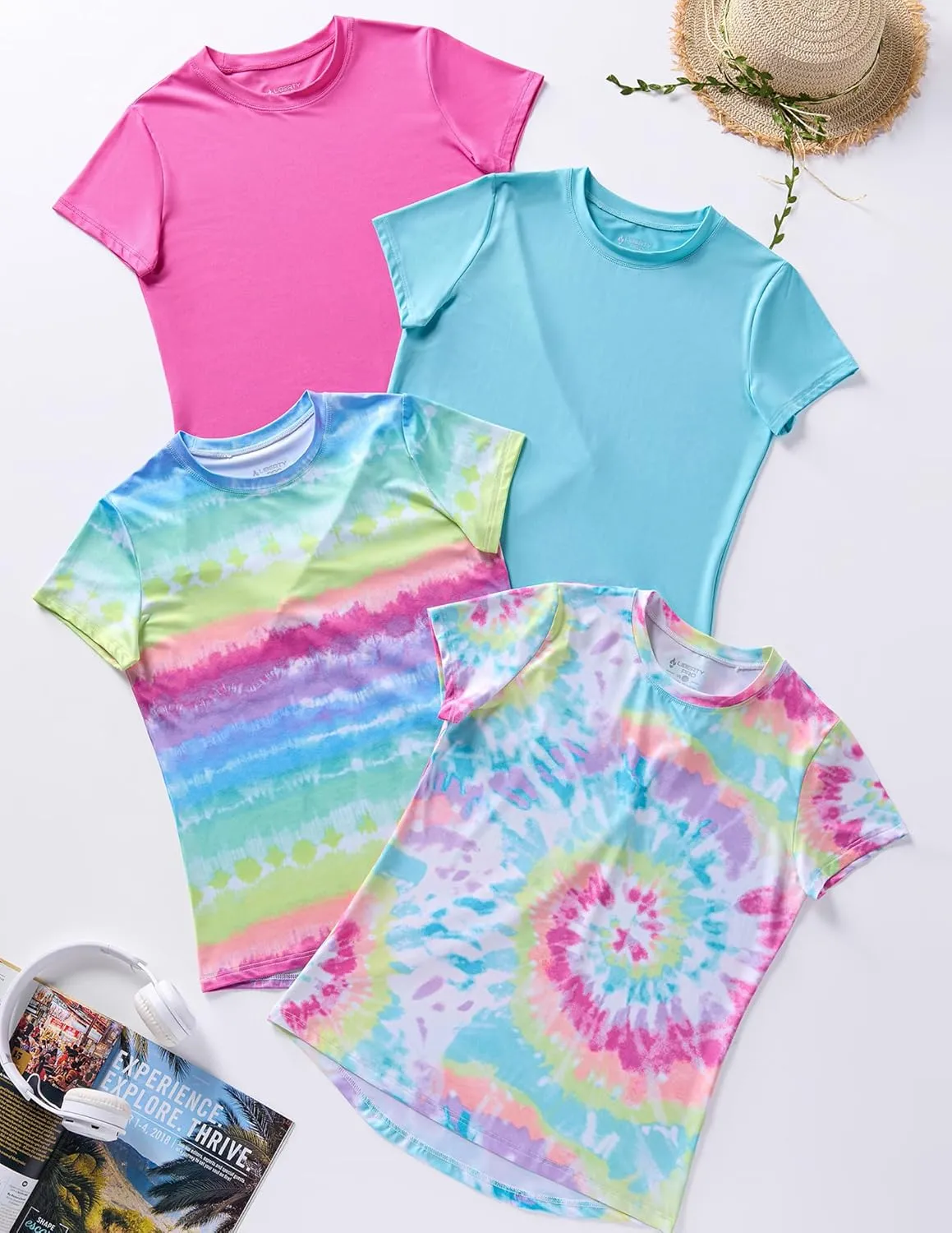 4 Pack: Youth Girls Athletic Shirts, Short Sleeve Dry Fit Apparel Tech Tshirts, Sports Activewear for Kids Teens