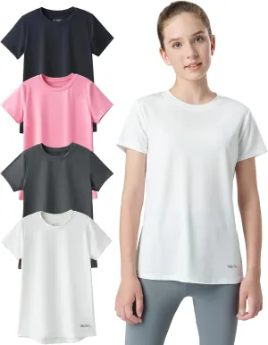 4 Pack: Youth Girls Athletic Shirts, Short Sleeve Dry Fit Apparel Tech Tshirts, Sports Activewear for Kids Teens