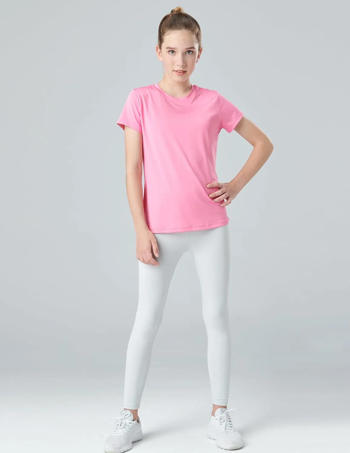 4 Pack: Youth Girls Athletic Shirts, Short Sleeve Dry Fit Apparel Tech Tshirts, Sports Activewear for Kids Teens