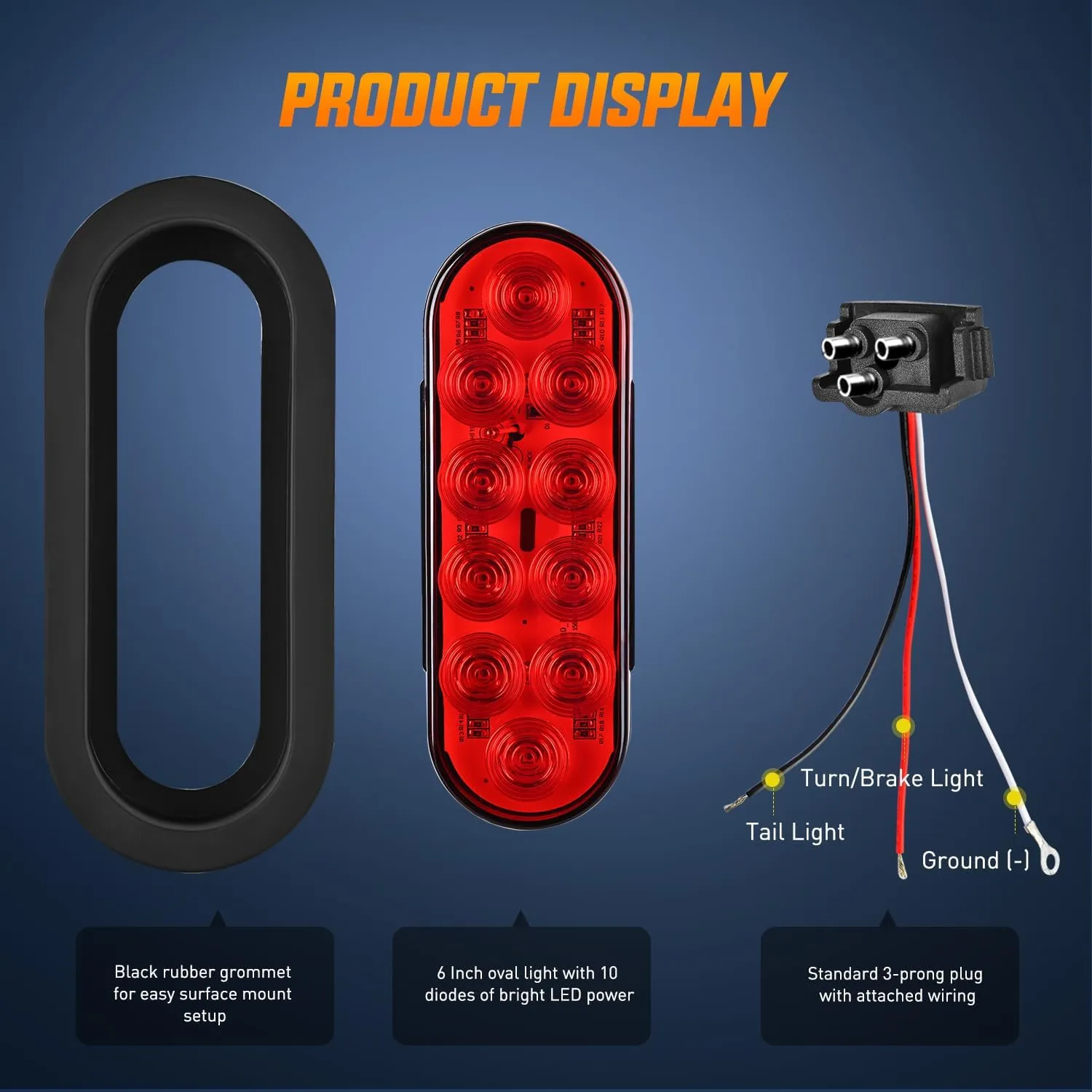 6 Inch Oval Red Amber White LED Trailer Tail Lights (6 Pcs)
