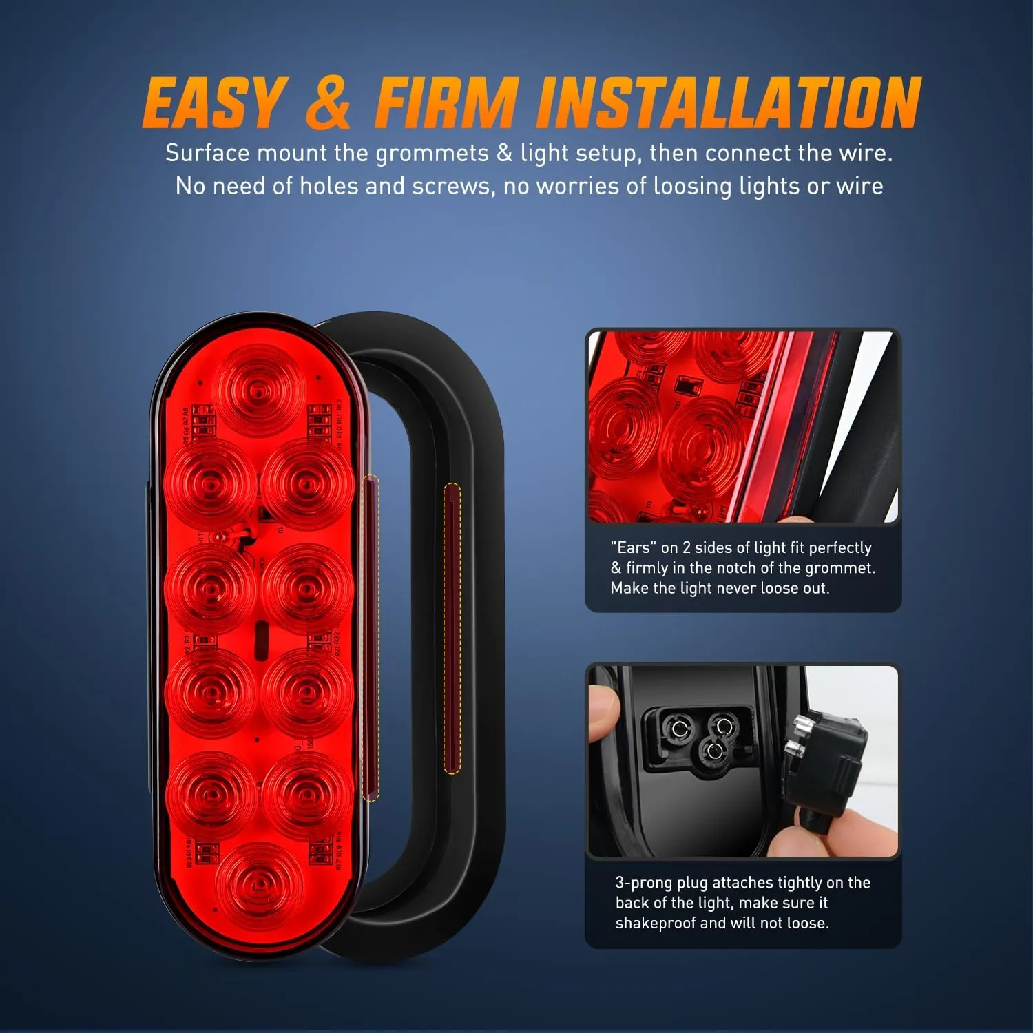 6 Inch Oval Red Amber White LED Trailer Tail Lights (6 Pcs)
