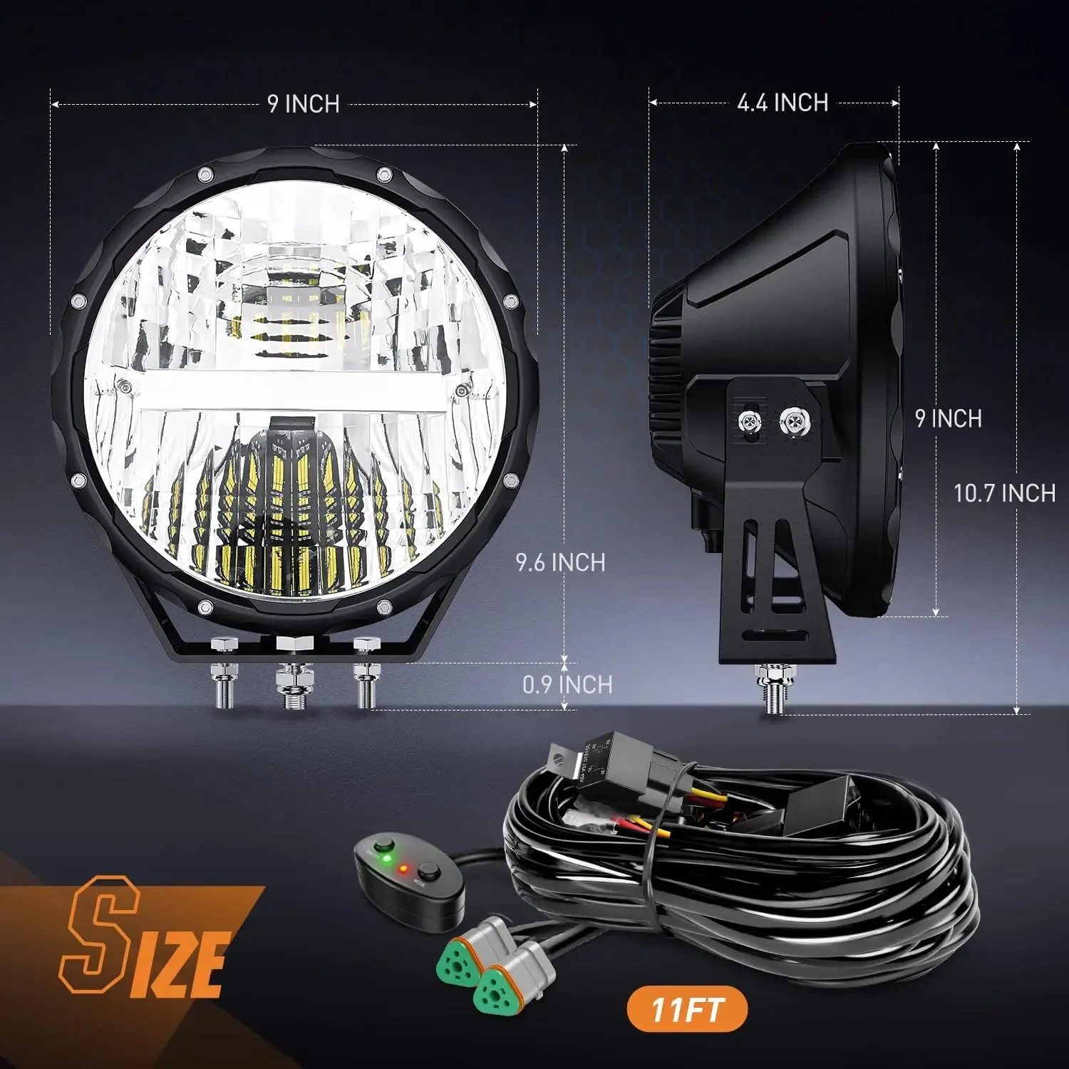 9 Inch 120W 7000LM Round High Low Beam Built-in EMC LED Work Lights (Pair) | 14AWG DT Wire