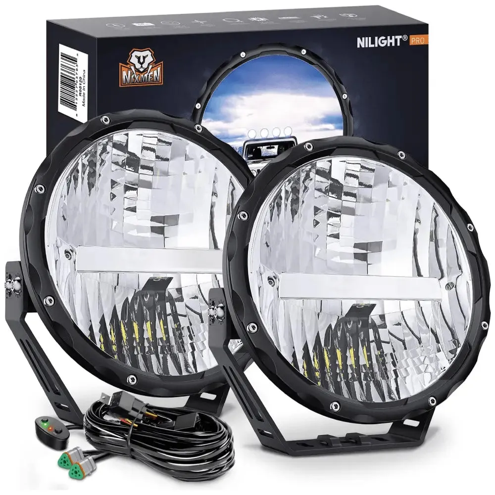 9 Inch 120W 7000LM Round High Low Beam Built-in EMC LED Work Lights (Pair) | 14AWG DT Wire