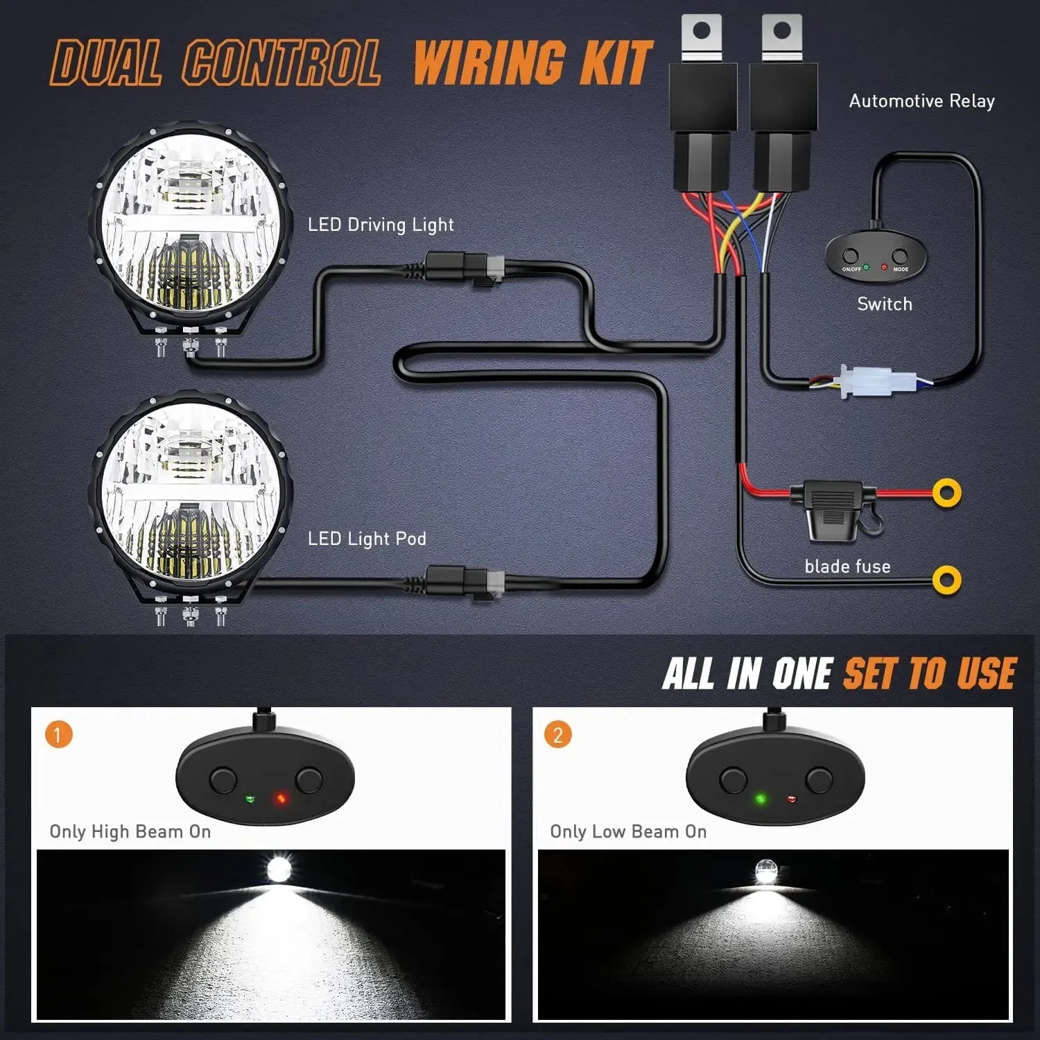9 Inch 120W 7000LM Round High Low Beam Built-in EMC LED Work Lights (Pair) | 14AWG DT Wire