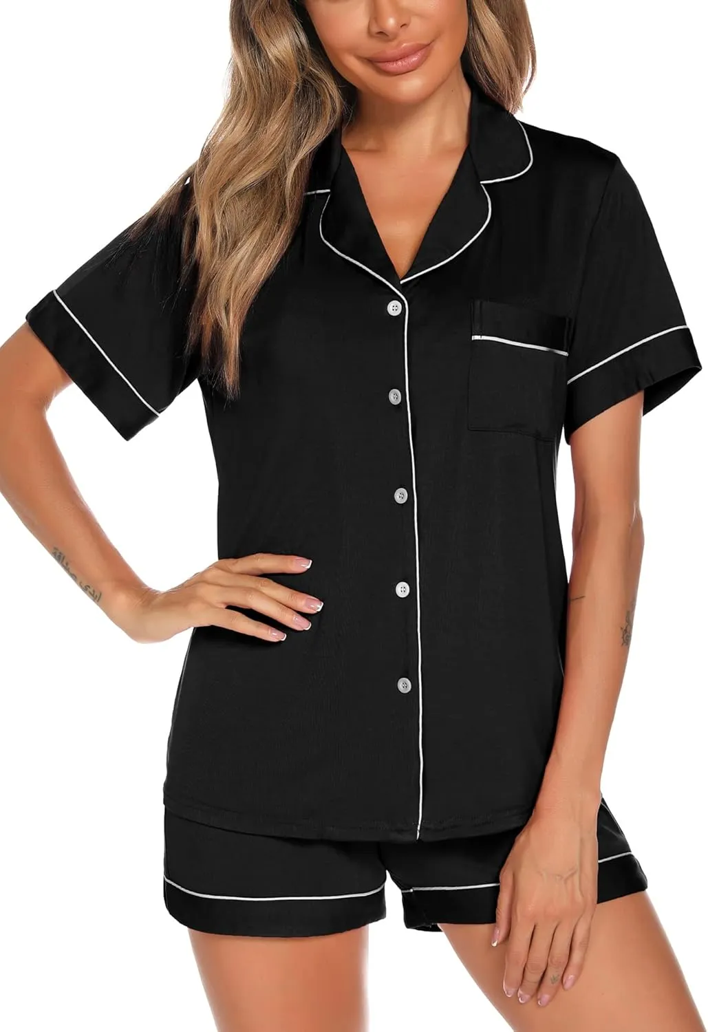 Aamikast Button Up Pajama Set for Women Shorts Short Sleeve Knit Sleepwear 2 Pice Pjs Sets