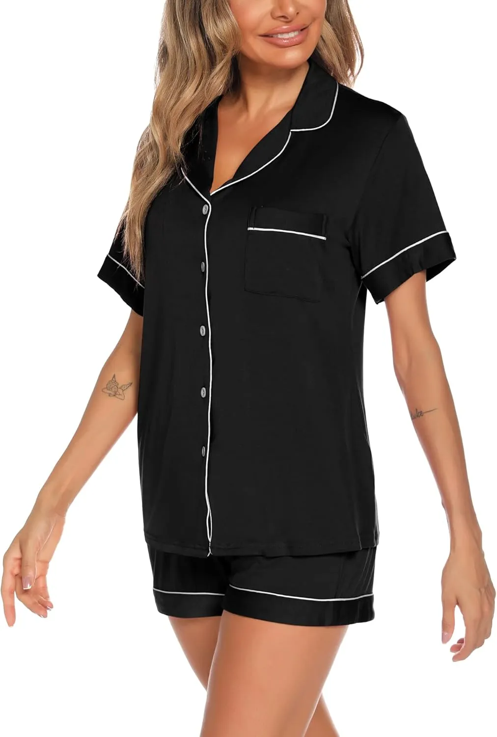 Aamikast Button Up Pajama Set for Women Shorts Short Sleeve Knit Sleepwear 2 Pice Pjs Sets