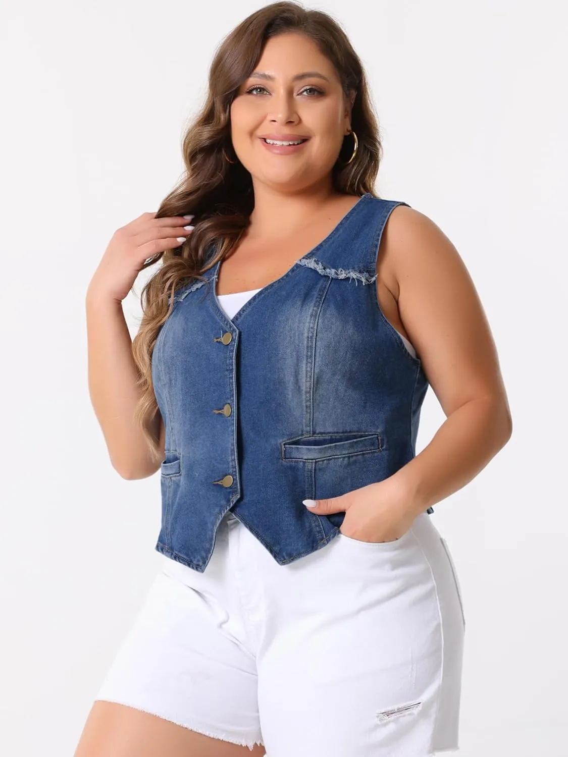 Agnes Orinda Women's Plus Size Denim Vest Sleeveless V Neck Washed Distressed Waistcoat Vests Jean Jackets