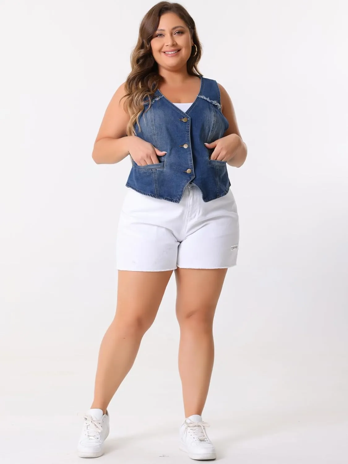 Agnes Orinda Women's Plus Size Denim Vest Sleeveless V Neck Washed Distressed Waistcoat Vests Jean Jackets