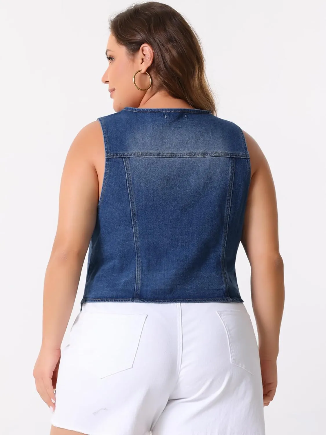 Agnes Orinda Women's Plus Size Denim Vest Sleeveless V Neck Washed Distressed Waistcoat Vests Jean Jackets