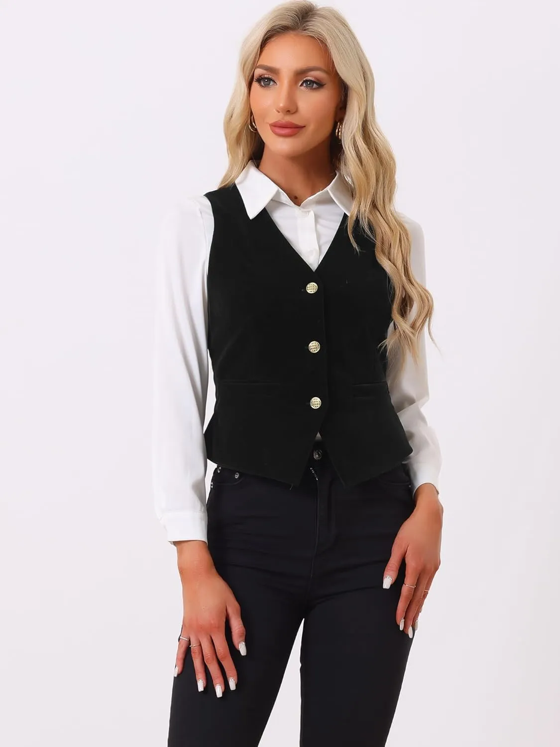 Allegra K Women's Waistcoat Steampunk Velvet Christmas Sleeveless Button Down V-Neck Suit Vests