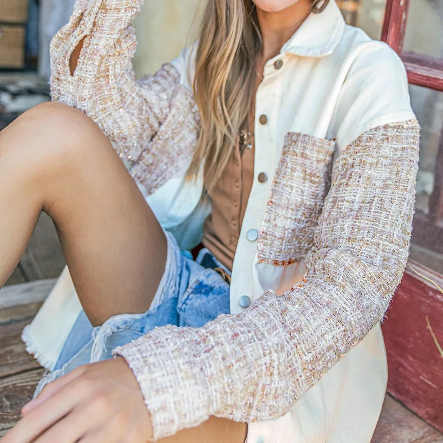 ALSOGO Women Oversize Denim Jacket Casual Long Sleeve Jean Jacket Cute Fringe Jacket With Pockets