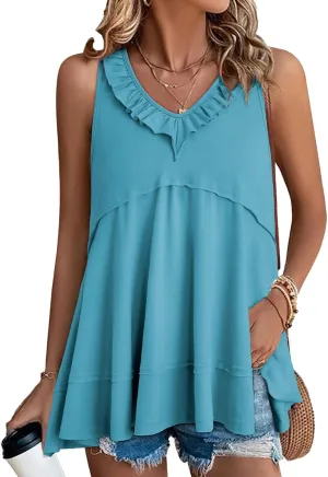 AlvaQ Womens Summer V Neck Tank Top Loose Fit Flowy Shirt Casual Ruffle Sleeveless Tops