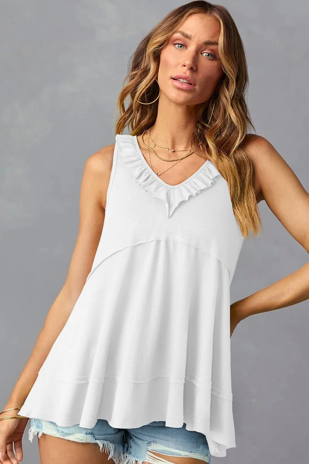 AlvaQ Womens Summer V Neck Tank Top Loose Fit Flowy Shirt Casual Ruffle Sleeveless Tops
