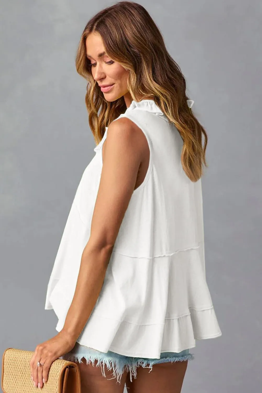 AlvaQ Womens Summer V Neck Tank Top Loose Fit Flowy Shirt Casual Ruffle Sleeveless Tops