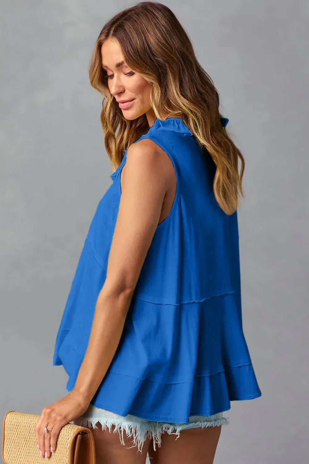 AlvaQ Womens Summer V Neck Tank Top Loose Fit Flowy Shirt Casual Ruffle Sleeveless Tops