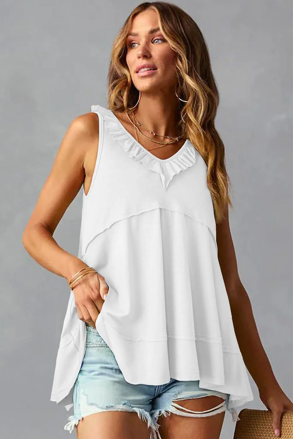 AlvaQ Womens Summer V Neck Tank Top Loose Fit Flowy Shirt Casual Ruffle Sleeveless Tops