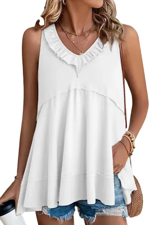 AlvaQ Womens Summer V Neck Tank Top Loose Fit Flowy Shirt Casual Ruffle Sleeveless Tops