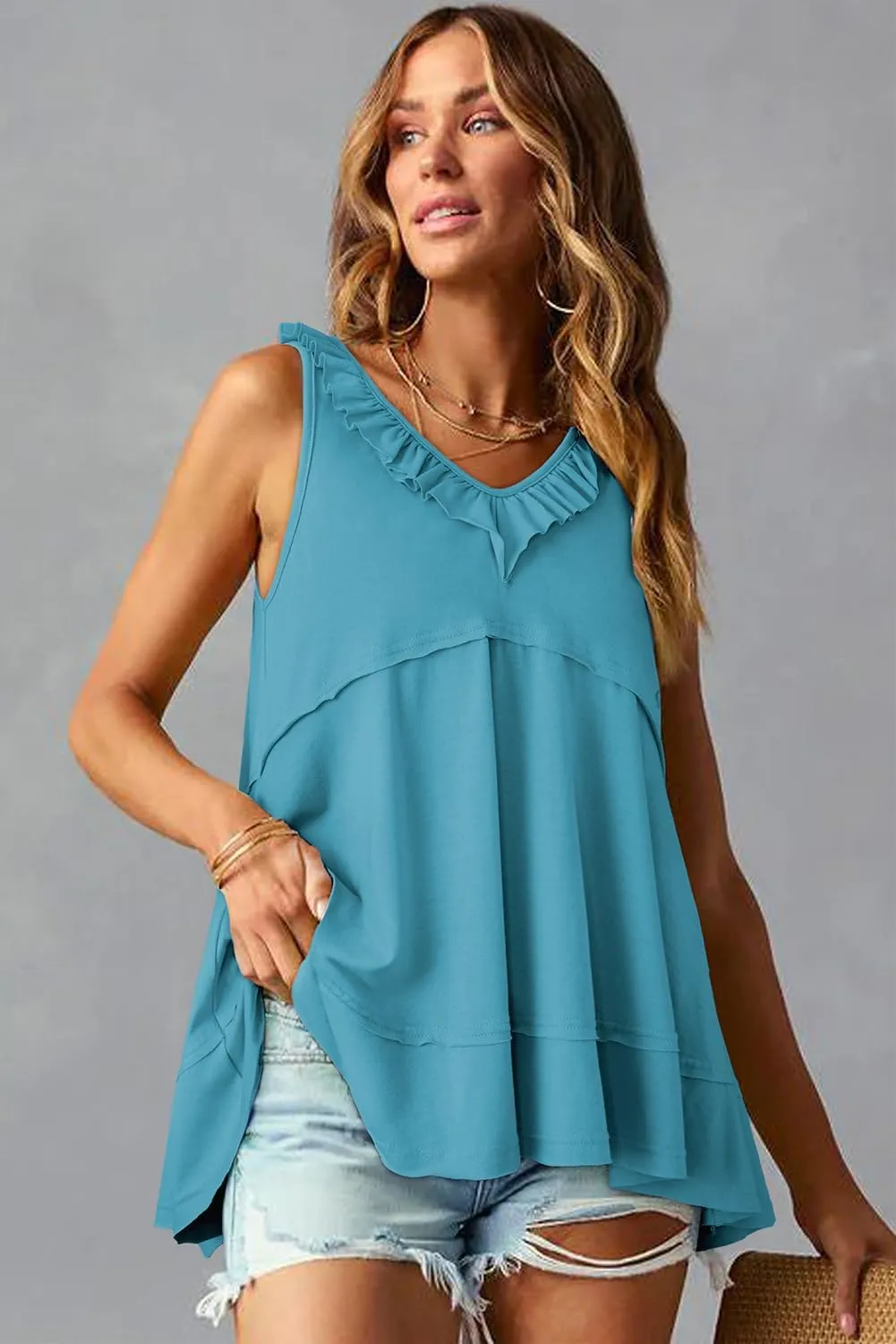 AlvaQ Womens Summer V Neck Tank Top Loose Fit Flowy Shirt Casual Ruffle Sleeveless Tops