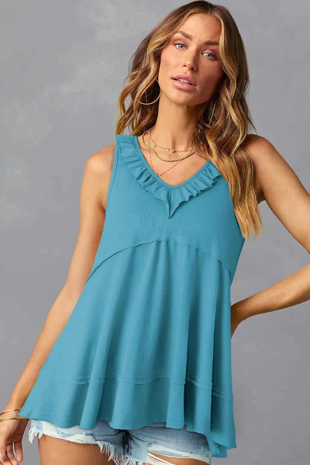 AlvaQ Womens Summer V Neck Tank Top Loose Fit Flowy Shirt Casual Ruffle Sleeveless Tops