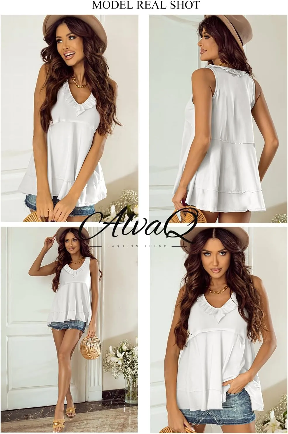 AlvaQ Womens Summer V Neck Tank Top Loose Fit Flowy Shirt Casual Ruffle Sleeveless Tops