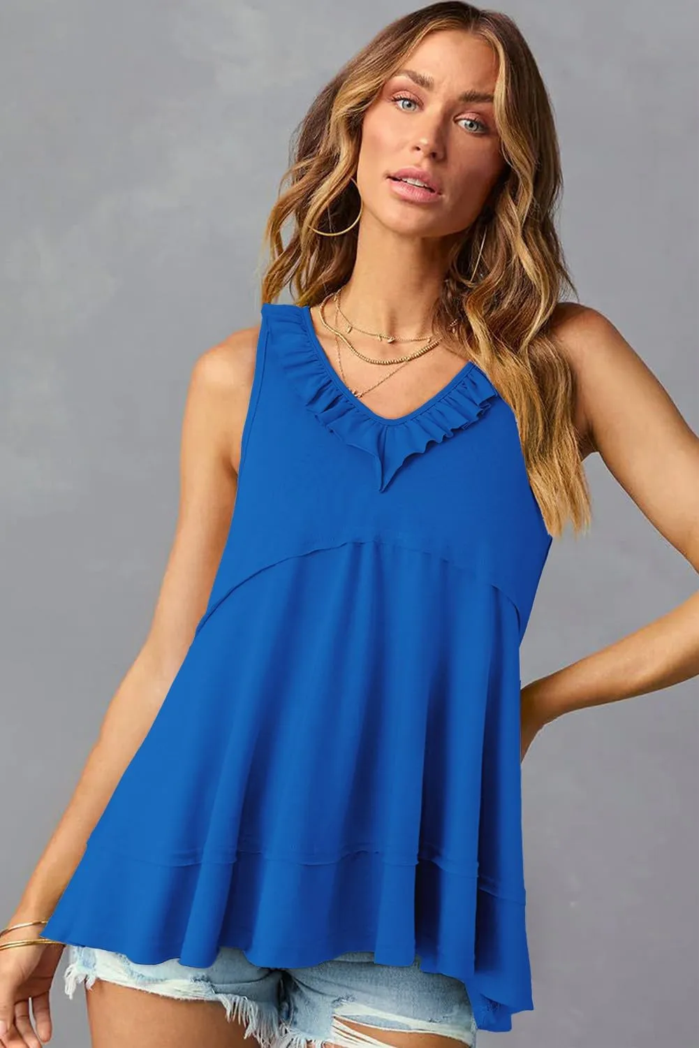 AlvaQ Womens Summer V Neck Tank Top Loose Fit Flowy Shirt Casual Ruffle Sleeveless Tops