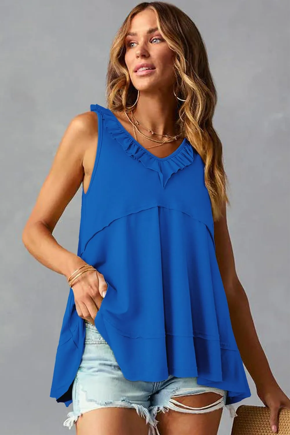 AlvaQ Womens Summer V Neck Tank Top Loose Fit Flowy Shirt Casual Ruffle Sleeveless Tops