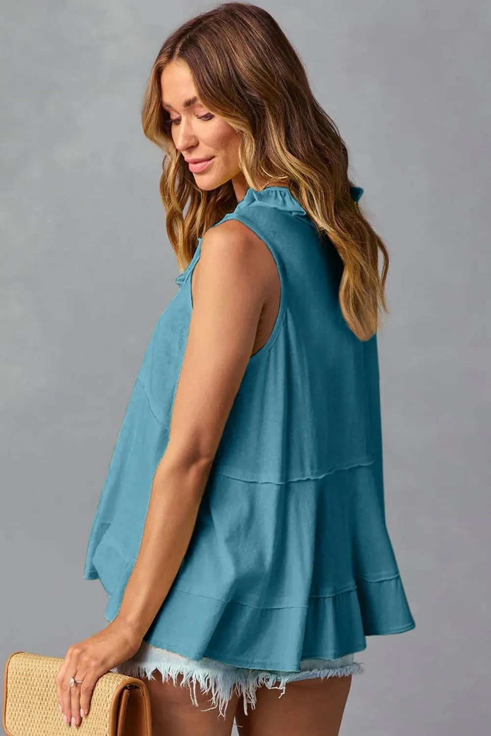 AlvaQ Womens Summer V Neck Tank Top Loose Fit Flowy Shirt Casual Ruffle Sleeveless Tops