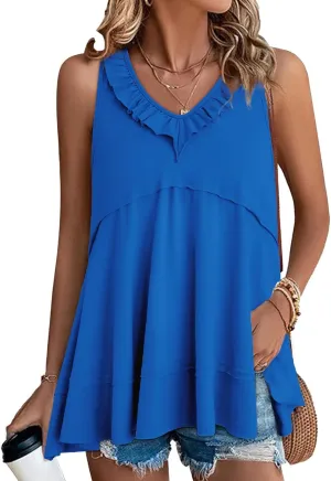 AlvaQ Womens Summer V Neck Tank Top Loose Fit Flowy Shirt Casual Ruffle Sleeveless Tops