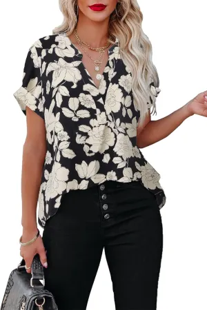 ANCAPELION Womens Summer Chiffon Blouse Casual Short Sleeve V Neck Shirt Loose Printed Cuffed Sleeve Tunic Tops for Women