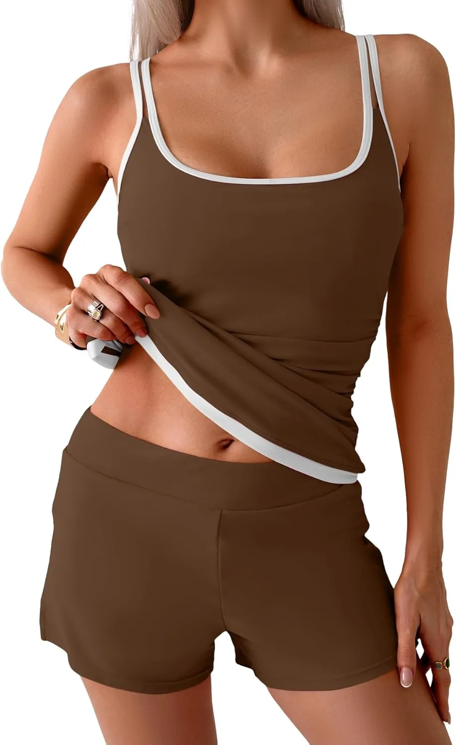 B2prity Womens Tankini Swimsuits Sporty Tummy Control Two Piece Bathing Suit Color Block Ruched Swimwear