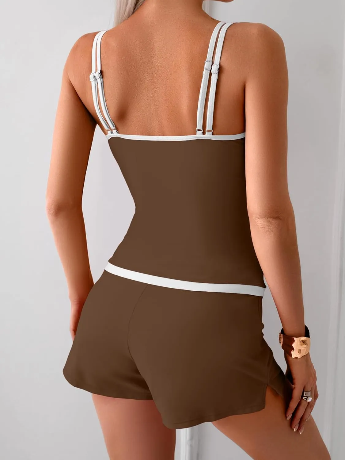B2prity Womens Tankini Swimsuits Sporty Tummy Control Two Piece Bathing Suit Color Block Ruched Swimwear