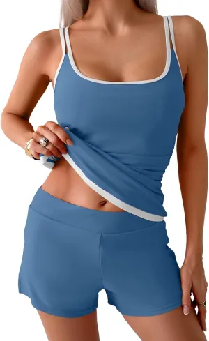 B2prity Womens Tankini Swimsuits Sporty Tummy Control Two Piece Bathing Suit Color Block Ruched Swimwear