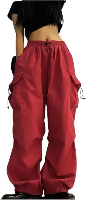 Baggy Cargo Pants Women Drawstring High Waist Parachute Pants Loose Jogger Straight Wide Leg Y2K Trousers Streetwear
