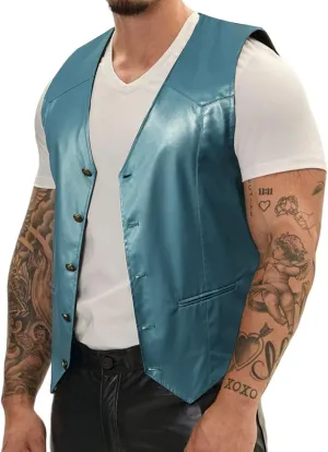 Barry.Wang Mens Leather Suit Vests Casual Western Cowboy Vest V-neck Jacket Lightweight Waistcoat