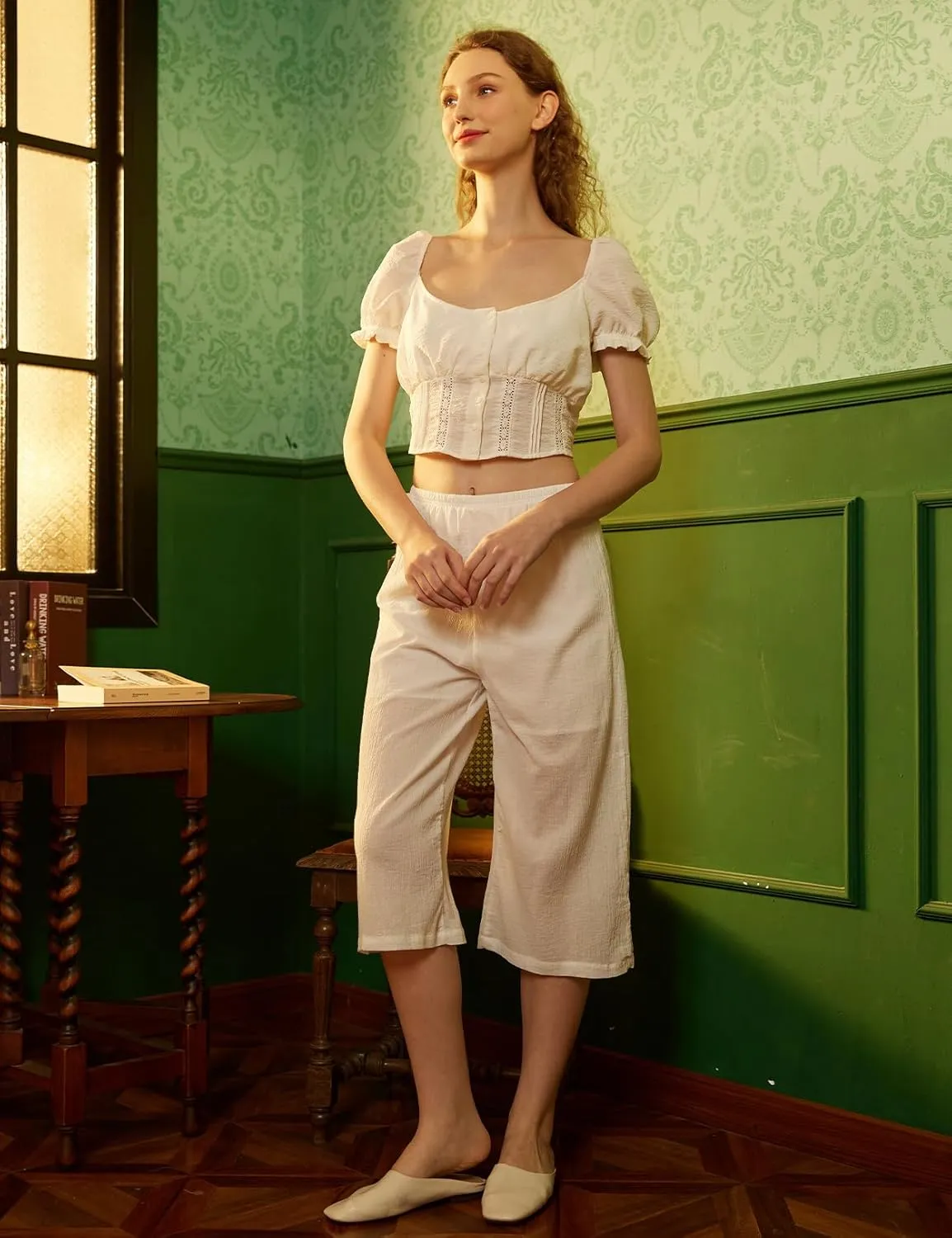 BEAUTELICATE Simple Crepe Cotton Culotte Slip for Women with Lining Ivory Calf Length
