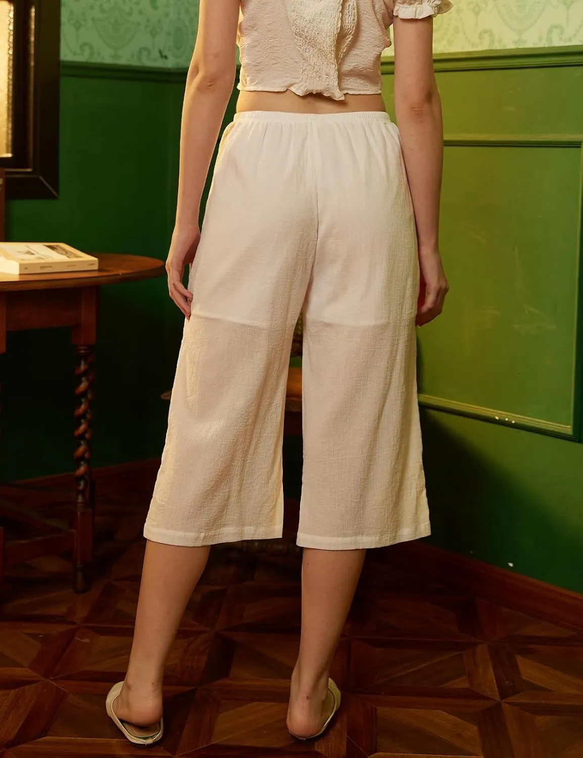 BEAUTELICATE Simple Crepe Cotton Culotte Slip for Women with Lining Ivory Calf Length