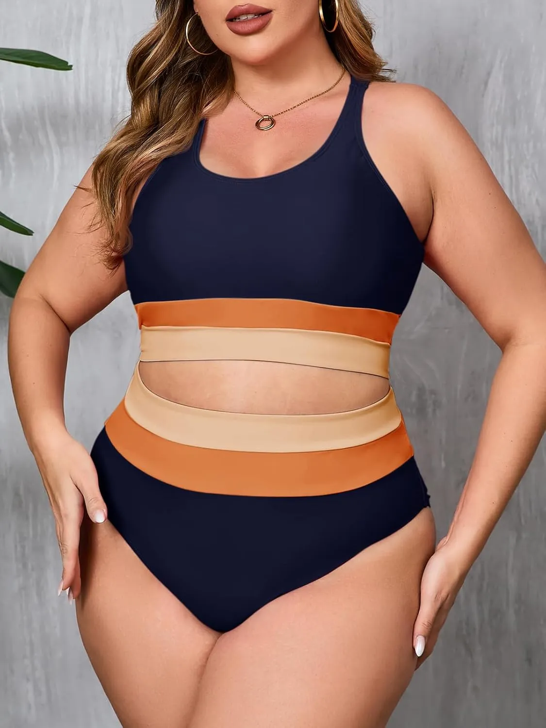 Beautife Womens Plus Size High Waisted Bikini Sets Color Block Two Piece Swimsuit Modest Sporty Bathing Suits